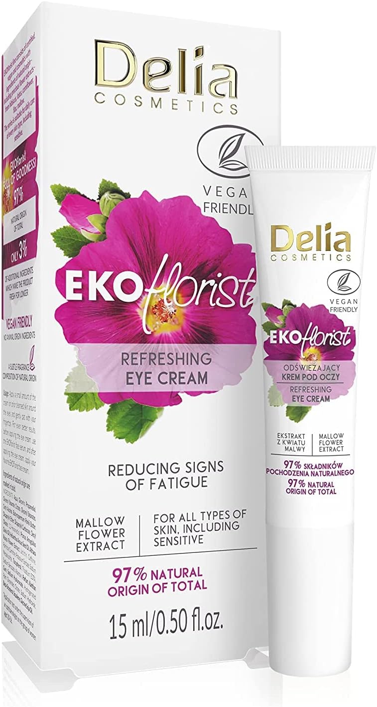 Delia Cosmetics - EKOflorist - Eye Cream - Refreshing, Vegan Natural Cosmetic - Hyaluronic Acid - All Skin Types - Regenerates, Smoothes, Moisturizes, Elasticizes, Eliminates Signs of Fatigue - 15ml